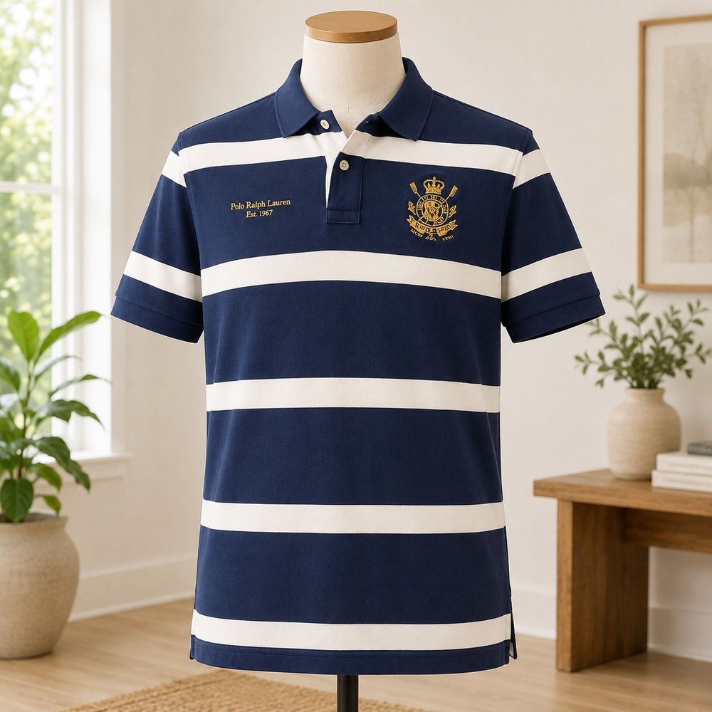 Polo Ralph Lauren Polo Shirt Mens Large Blue Striped Crest Short Sleeve Pique